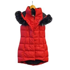 North Face Women's Hey Mama Parkina Red Parka Jacket Vest Size S Faux Fur Trim